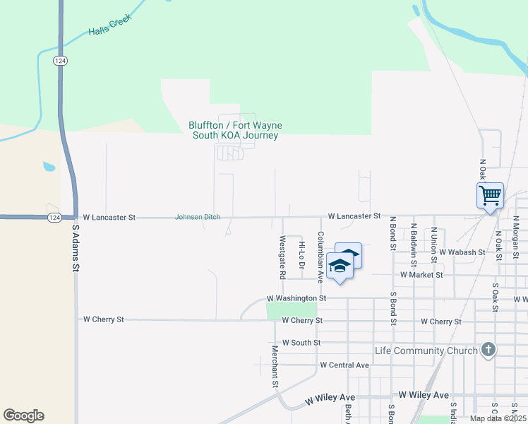 map of restaurants, bars, coffee shops, grocery stores, and more near 1527 West Lancaster Street in Bluffton