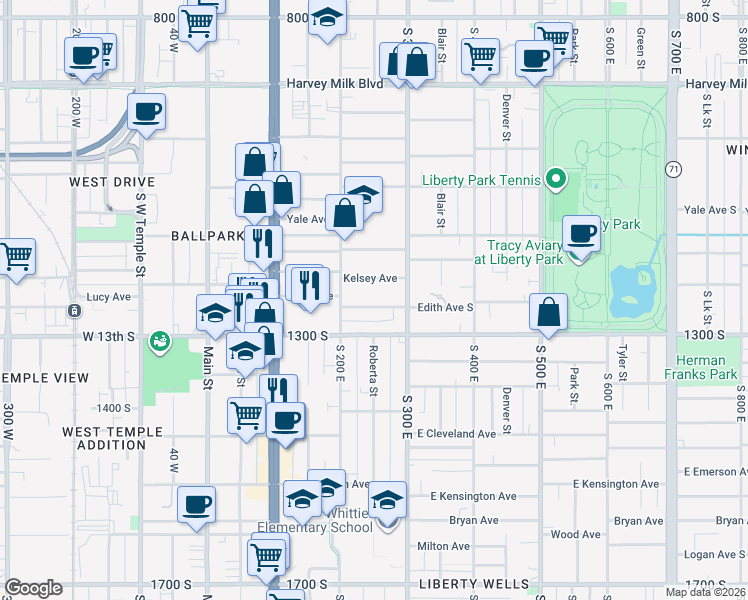map of restaurants, bars, coffee shops, grocery stores, and more near 245 Edith Avenue South in Salt Lake City