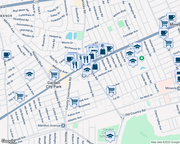 map of restaurants, bars, coffee shops, grocery stores, and more near 244 Herricks Road in Mineola