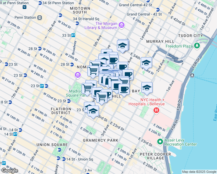 map of restaurants, bars, coffee shops, grocery stores, and more near 118 East 28th Street in New York