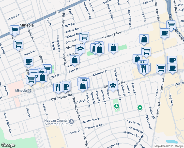 map of restaurants, bars, coffee shops, grocery stores, and more near 142 Albertson Place in Mineola