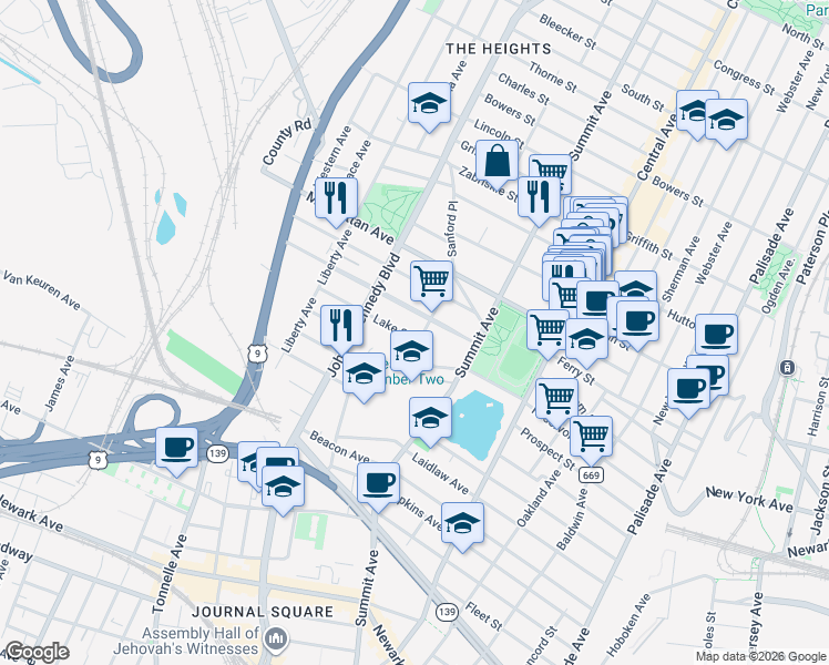 map of restaurants, bars, coffee shops, grocery stores, and more near 45 Carlton Avenue in Jersey City