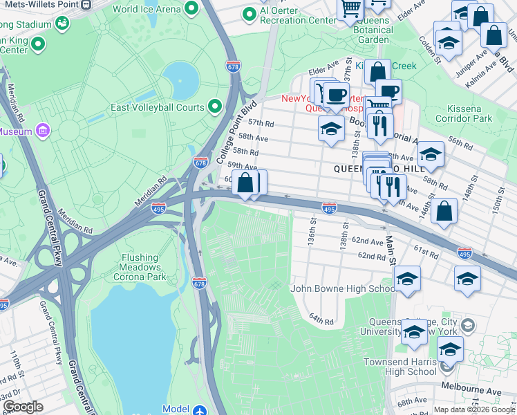 map of restaurants, bars, coffee shops, grocery stores, and more near 132-20 Horace Harding Expressway in Queens