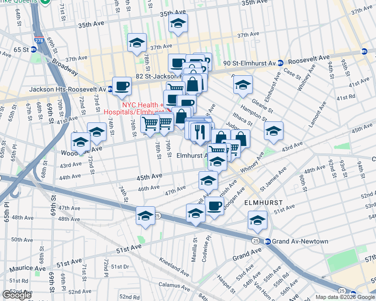 map of restaurants, bars, coffee shops, grocery stores, and more near 81-02 Broadway in Queens