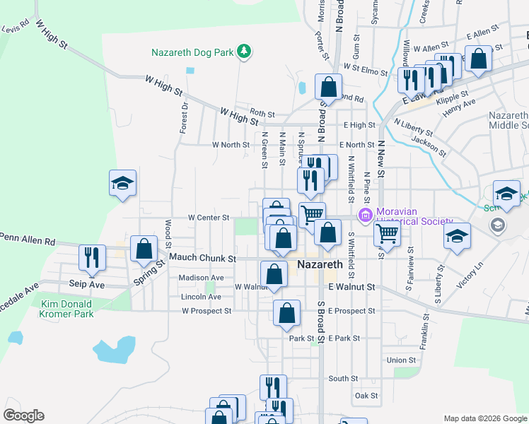 map of restaurants, bars, coffee shops, grocery stores, and more near 41 North Green Street in Nazareth