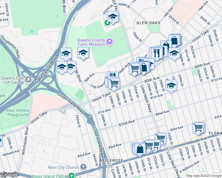 map of restaurants, bars, coffee shops, grocery stores, and more near 247-50 77th Crescent in Queens