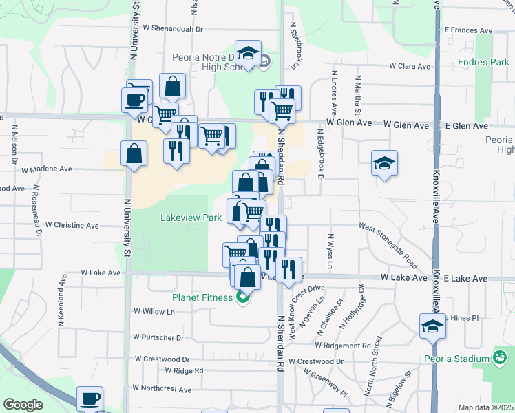 map of restaurants, bars, coffee shops, grocery stores, and more near 4609 North Sheridan Road in Peoria