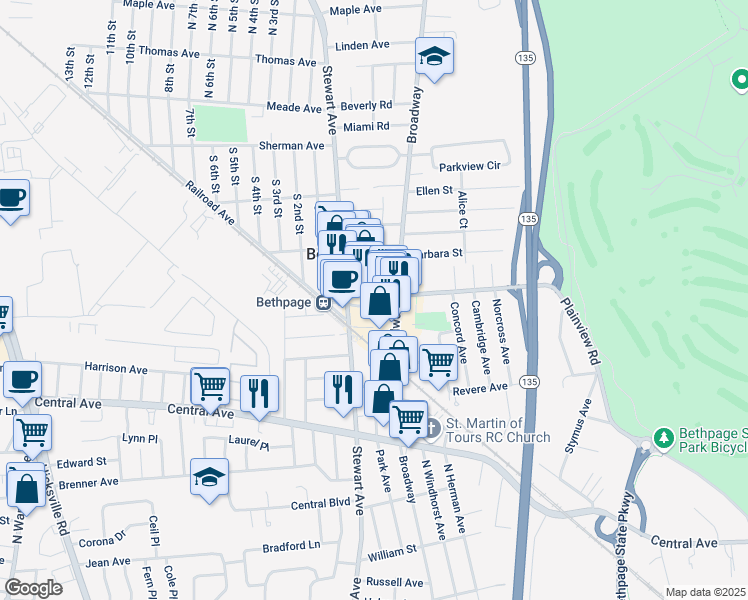 map of restaurants, bars, coffee shops, grocery stores, and more near 108 Benkert Street in Bethpage