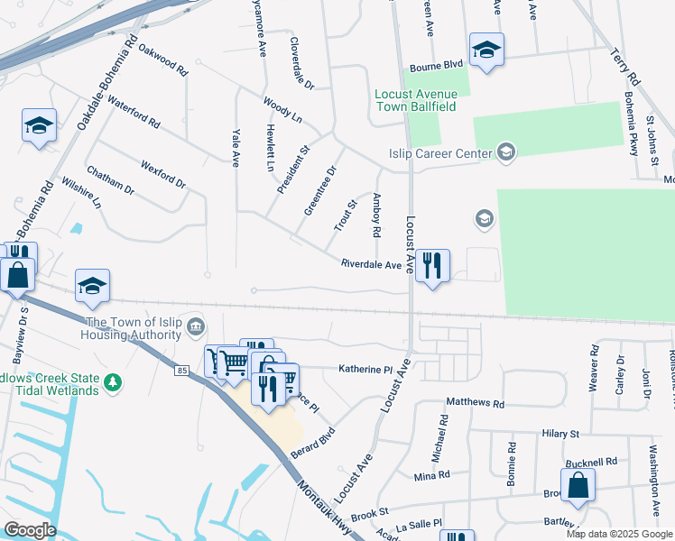 map of restaurants, bars, coffee shops, grocery stores, and more near 28 Riverdale Avenue in Oakdale
