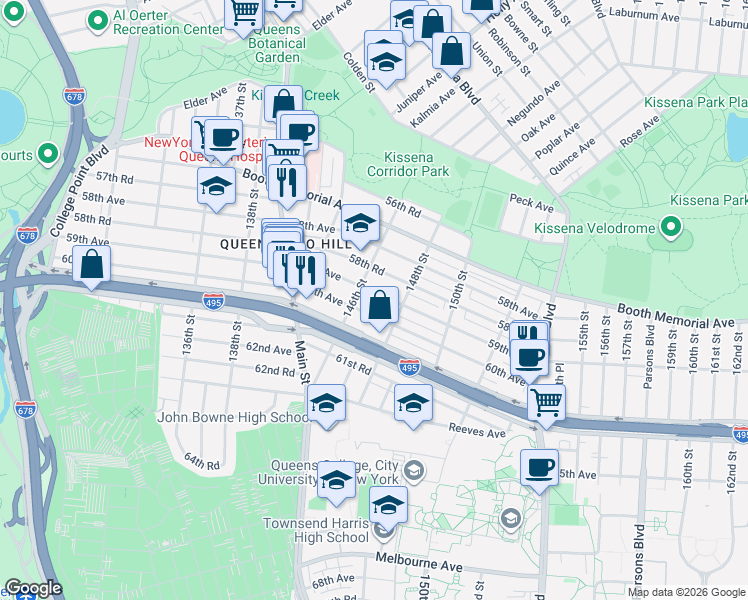 map of restaurants, bars, coffee shops, grocery stores, and more near 59-01 146th Street in Queens