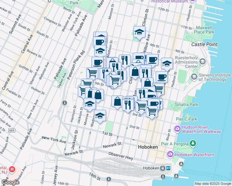 map of restaurants, bars, coffee shops, grocery stores, and more near 415 Adams Street in Hoboken