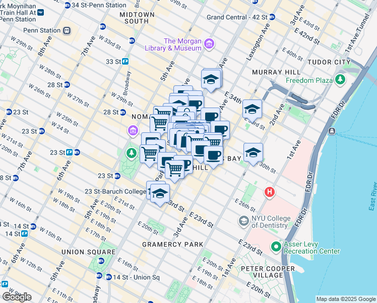 map of restaurants, bars, coffee shops, grocery stores, and more near 122 East 28th Street in New York