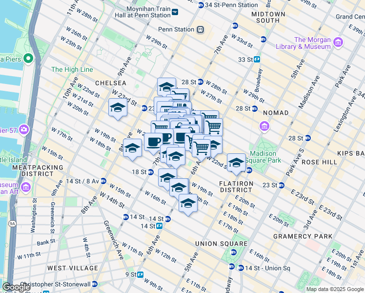 map of restaurants, bars, coffee shops, grocery stores, and more near 140 West 22nd Street in New York