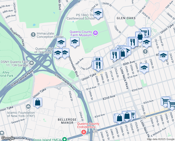 map of restaurants, bars, coffee shops, grocery stores, and more near 77-2B 247th Street in Queens