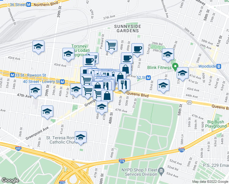 map of restaurants, bars, coffee shops, grocery stores, and more near Queens Blvd & 48th St in Queens