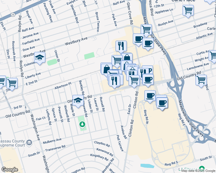map of restaurants, bars, coffee shops, grocery stores, and more near 1 Old Country Road in Westbury