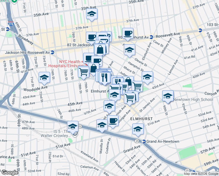 map of restaurants, bars, coffee shops, grocery stores, and more near 82-1 Britton Avenue in Queens