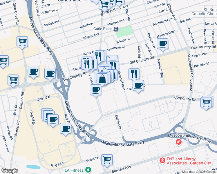 map of restaurants, bars, coffee shops, grocery stores, and more near 1060B Old Country Road in Garden City