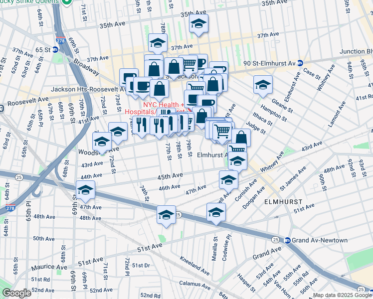 map of restaurants, bars, coffee shops, grocery stores, and more near 42-24 78th Street in Queens