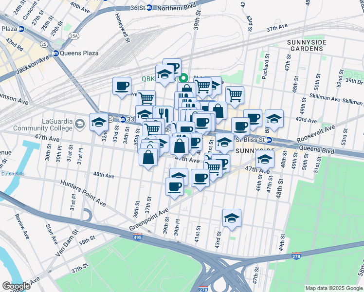 map of restaurants, bars, coffee shops, grocery stores, and more near 45-25 39th Street in Queens