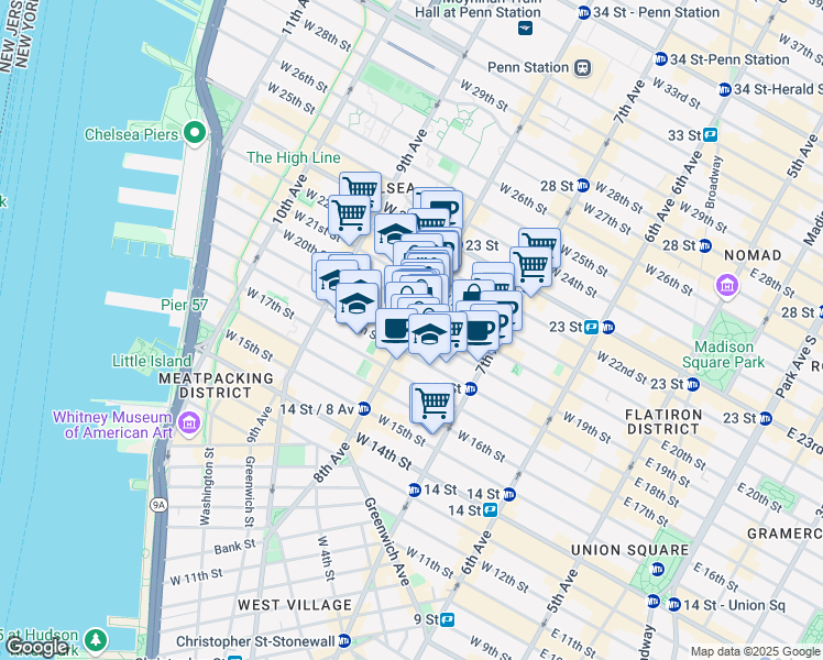 map of restaurants, bars, coffee shops, grocery stores, and more near 287 West 19th Street in New York