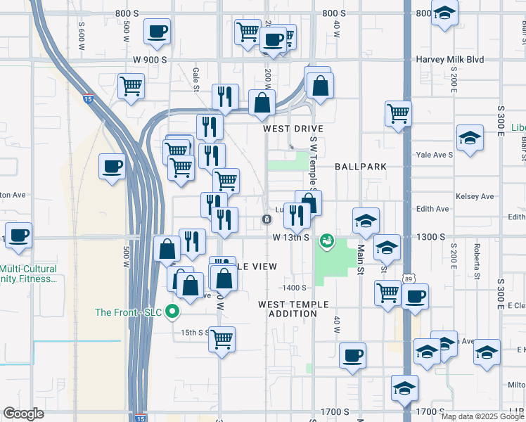 map of restaurants, bars, coffee shops, grocery stores, and more near 208 Lucy Avenue in Salt Lake City