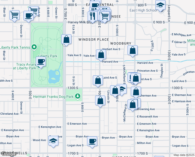 map of restaurants, bars, coffee shops, grocery stores, and more near 1192 900 East in Salt Lake City