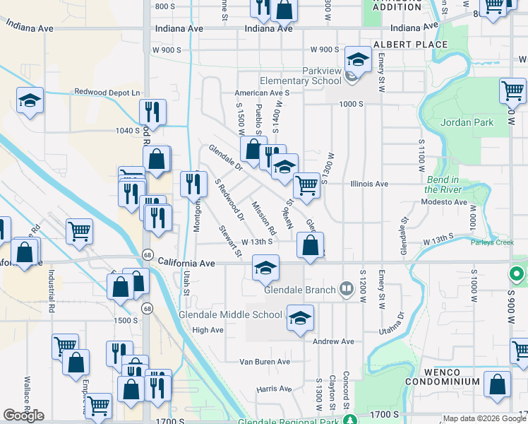map of restaurants, bars, coffee shops, grocery stores, and more near 1207 Mission Road in Salt Lake City