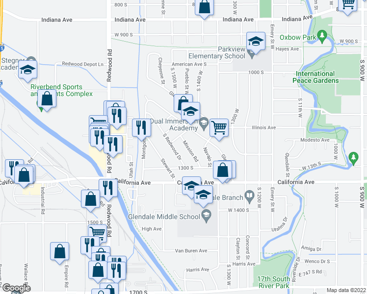 map of restaurants, bars, coffee shops, grocery stores, and more near 1477 Burbank Avenue in Salt Lake City