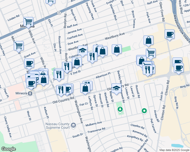 map of restaurants, bars, coffee shops, grocery stores, and more near 142 Albertson Place in Mineola