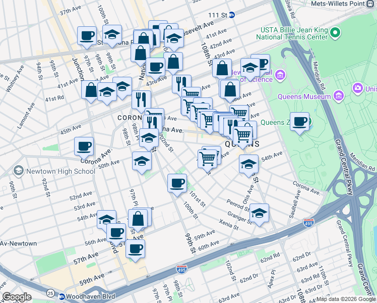 map of restaurants, bars, coffee shops, grocery stores, and more near 102-19 Christie Avenue in Queens