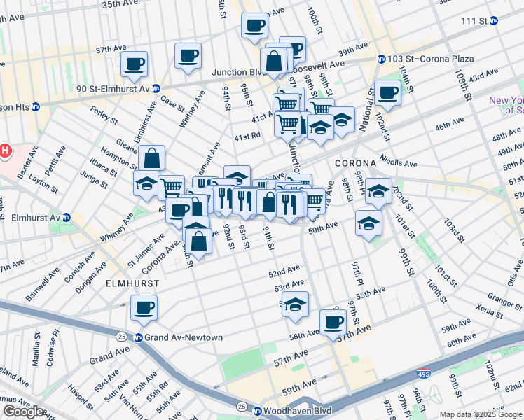 map of restaurants, bars, coffee shops, grocery stores, and more near 94-2 46th Avenue in Queens