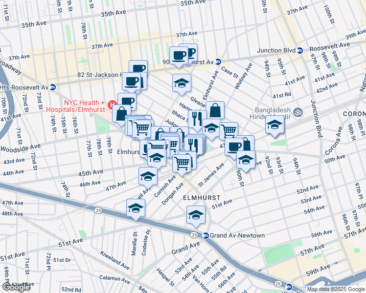 map of restaurants, bars, coffee shops, grocery stores, and more near 44-05 Ketcham Street in Queens