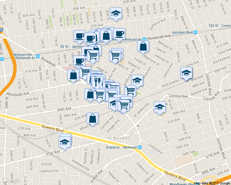 map of restaurants, bars, coffee shops, grocery stores, and more near in Queens