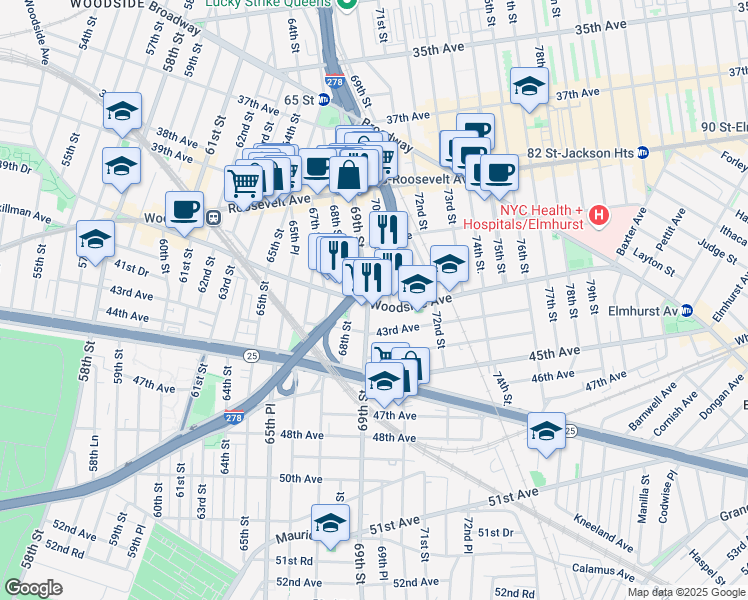 map of restaurants, bars, coffee shops, grocery stores, and more near in Queens
