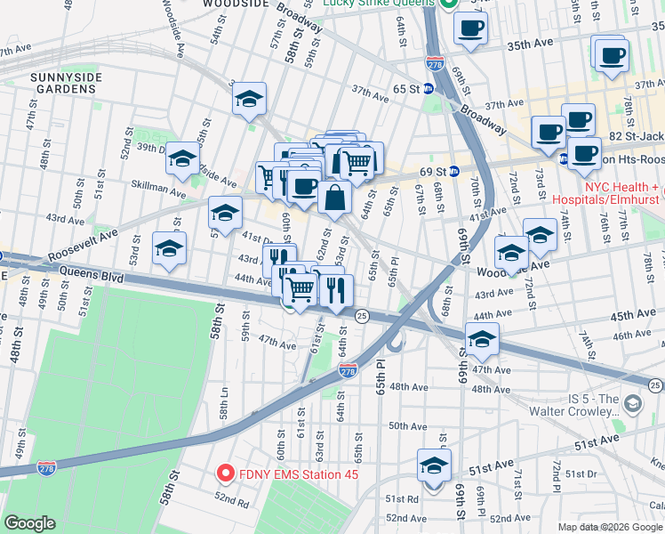 map of restaurants, bars, coffee shops, grocery stores, and more near 41-44 63rd Street in Queens
