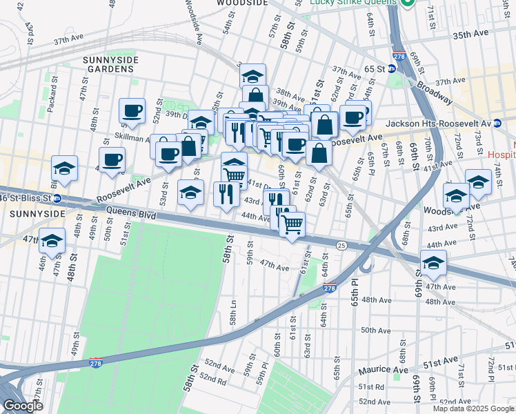 map of restaurants, bars, coffee shops, grocery stores, and more near 58-21 43rd Avenue in Queens