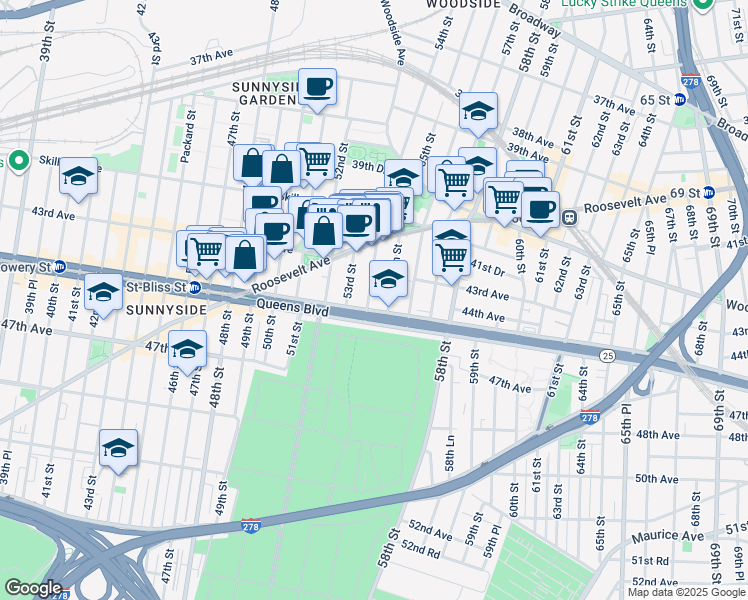 map of restaurants, bars, coffee shops, grocery stores, and more near 43-26 54th Street in Queens