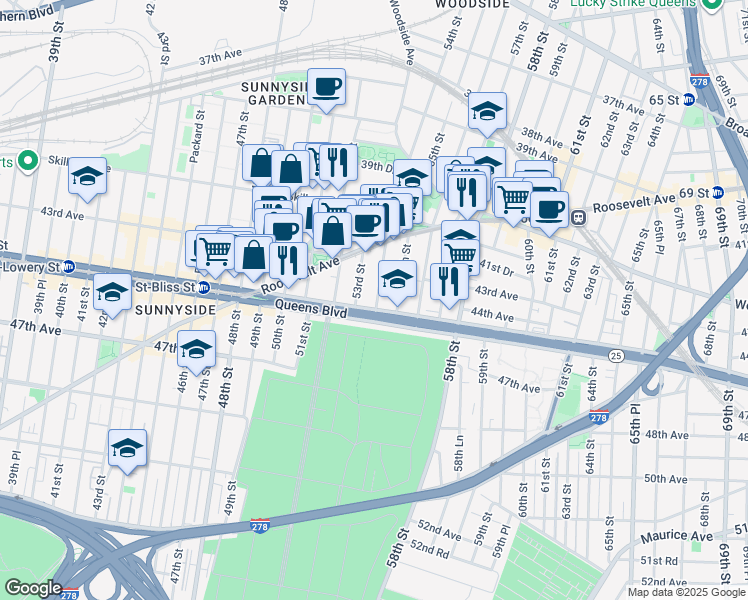 map of restaurants, bars, coffee shops, grocery stores, and more near 43-26 54th Street in Queens