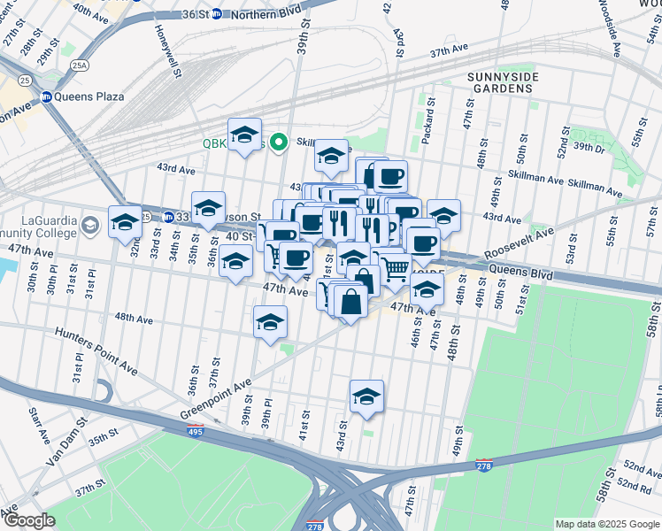 map of restaurants, bars, coffee shops, grocery stores, and more near 41-02 Queens Boulevard in Queens