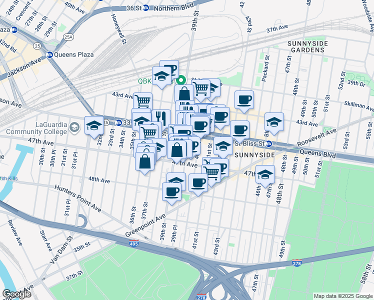 map of restaurants, bars, coffee shops, grocery stores, and more near 45-25 39th Street in Queens