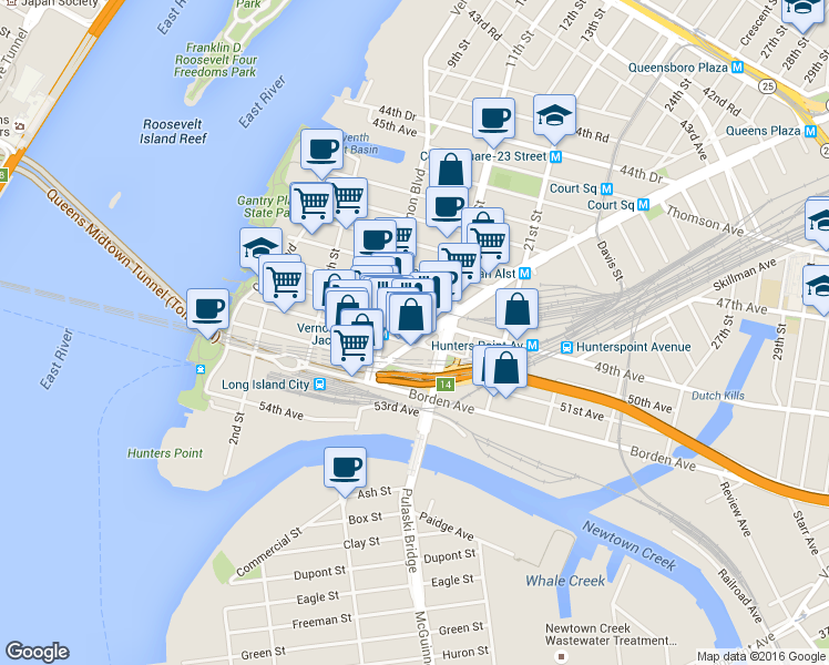 map of restaurants, bars, coffee shops, grocery stores, and more near 10-22 49th Avenue in Queens