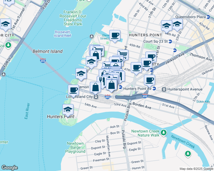 map of restaurants, bars, coffee shops, grocery stores, and more near 5-04 50th Avenue in Queens