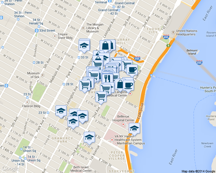 map of restaurants, bars, coffee shops, grocery stores, and more near in New York