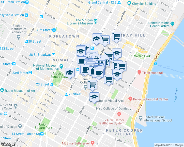 map of restaurants, bars, coffee shops, grocery stores, and more near 133 East 29th Street in New York