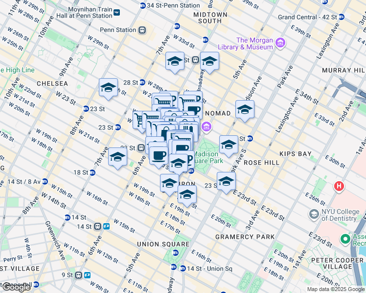map of restaurants, bars, coffee shops, grocery stores, and more near 19 West 24th Street in New York