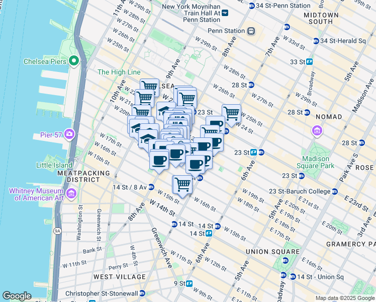 map of restaurants, bars, coffee shops, grocery stores, and more near in New York