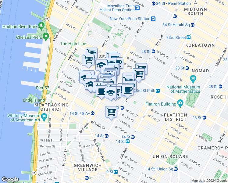 map of restaurants, bars, coffee shops, grocery stores, and more near in New York