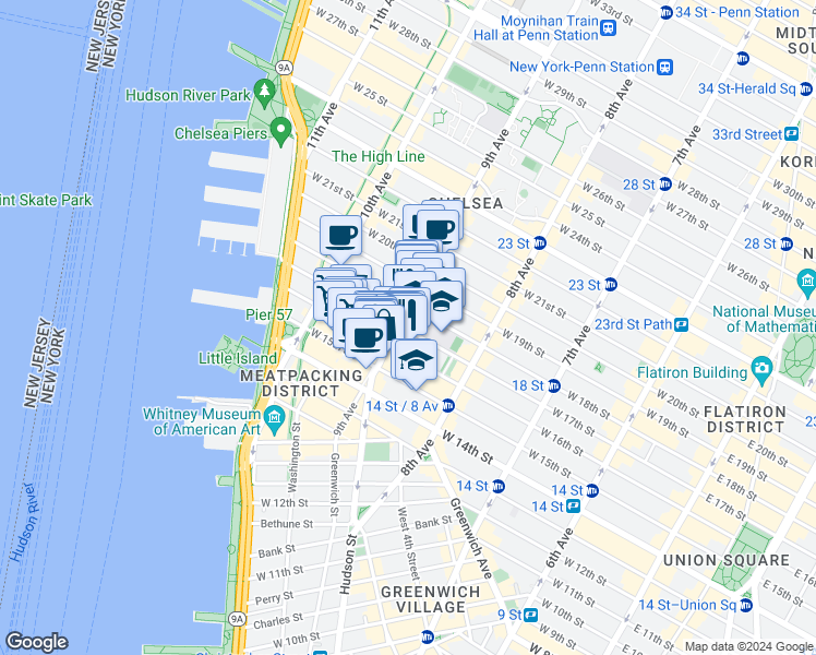 map of restaurants, bars, coffee shops, grocery stores, and more near 111 9th Avenue in New York