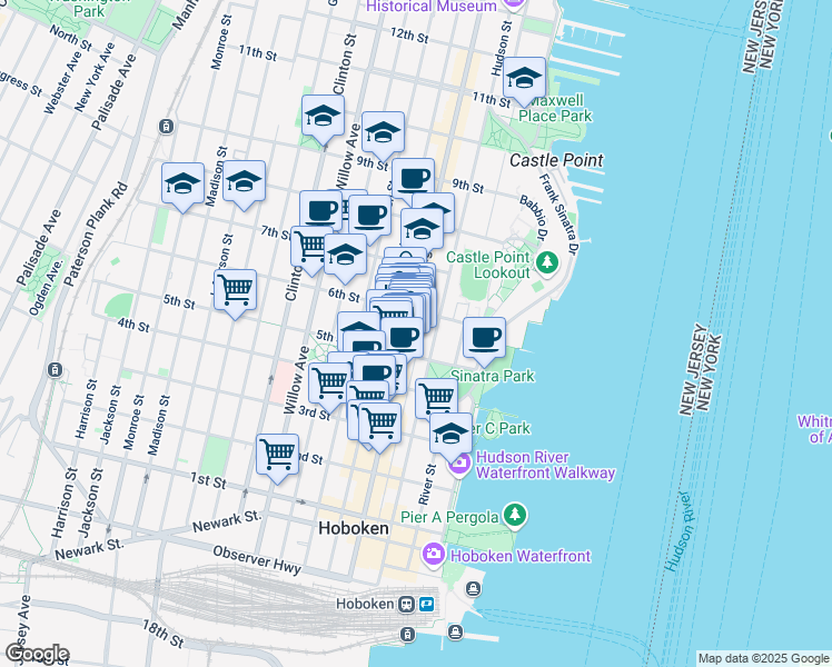 map of restaurants, bars, coffee shops, grocery stores, and more near 522 Washington Street in Hoboken
